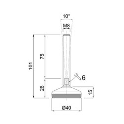 PICIOR REGLABIL INOX CU TALPA DIN CAUCIUC VULCANIZATA 24404, D40, filet M8X75