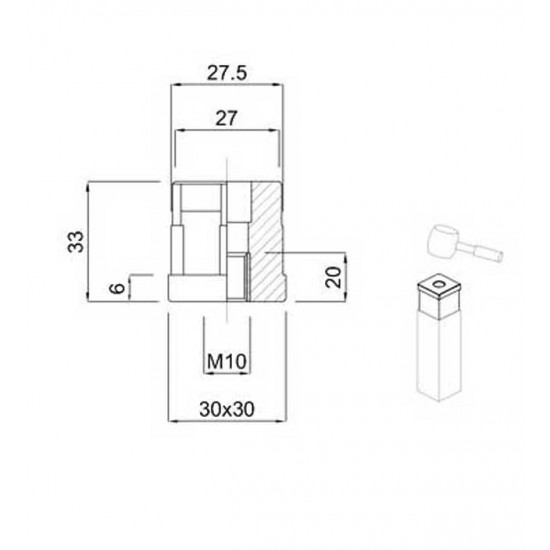 Dop patrat poliamida, filet inox M10 - 17034