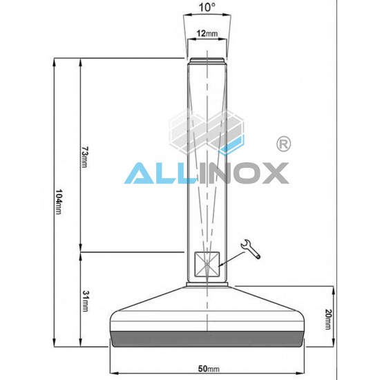 Picior reglabil inox cu talpa din cauciuc vulcanizata,D50 filet M12 - 24602